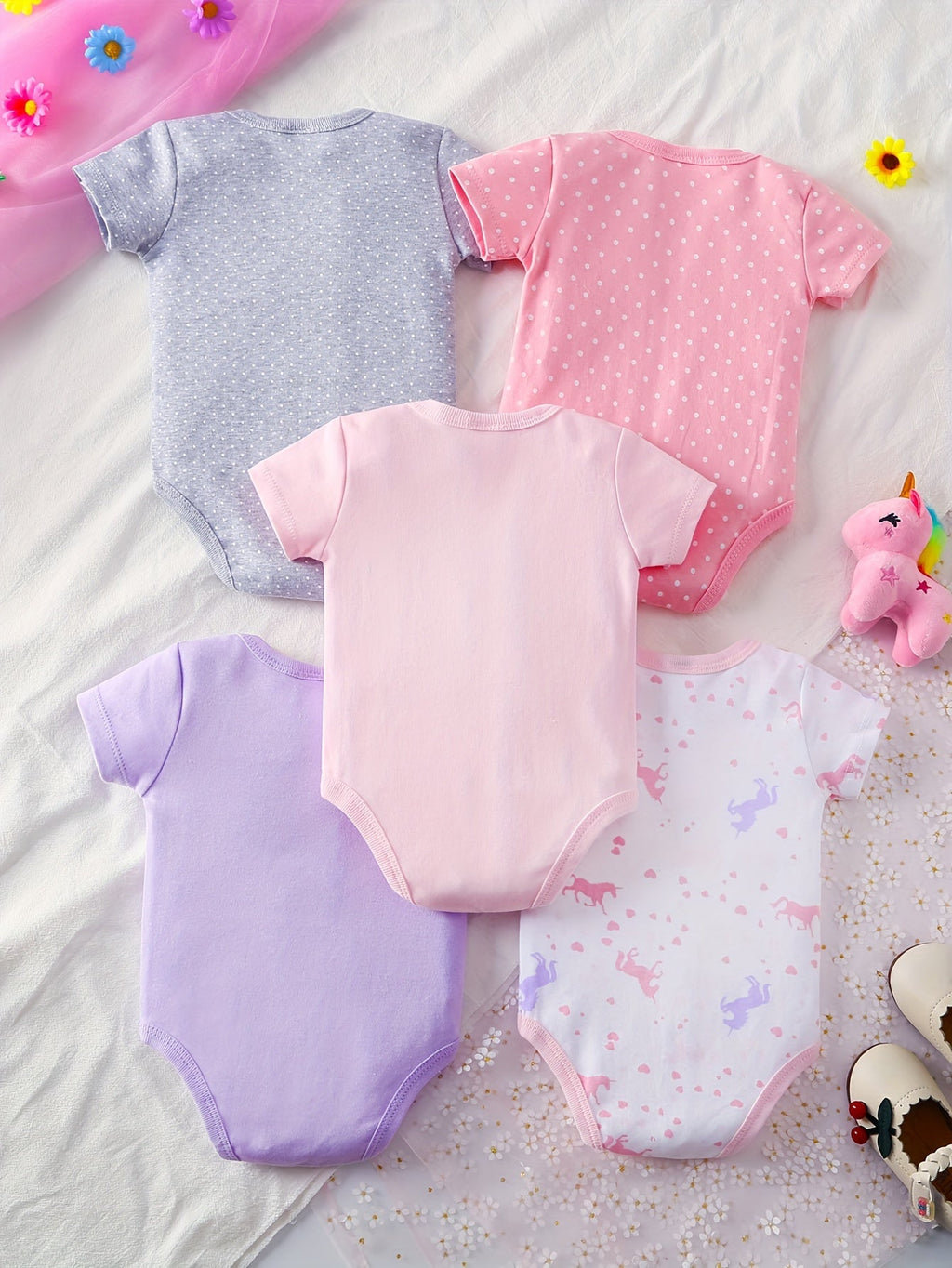 Baby Unicorn Bodysuits 5-Pack with Short Sleeves and Crotch Snaps in Pastel Prints for Everyday Outfits