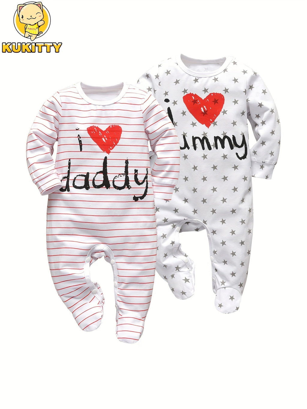 Baby Daddy and Mummy Footed Rompers 2-Pack with Long Sleeves and Family Slogan Prints for Everyday Outfits