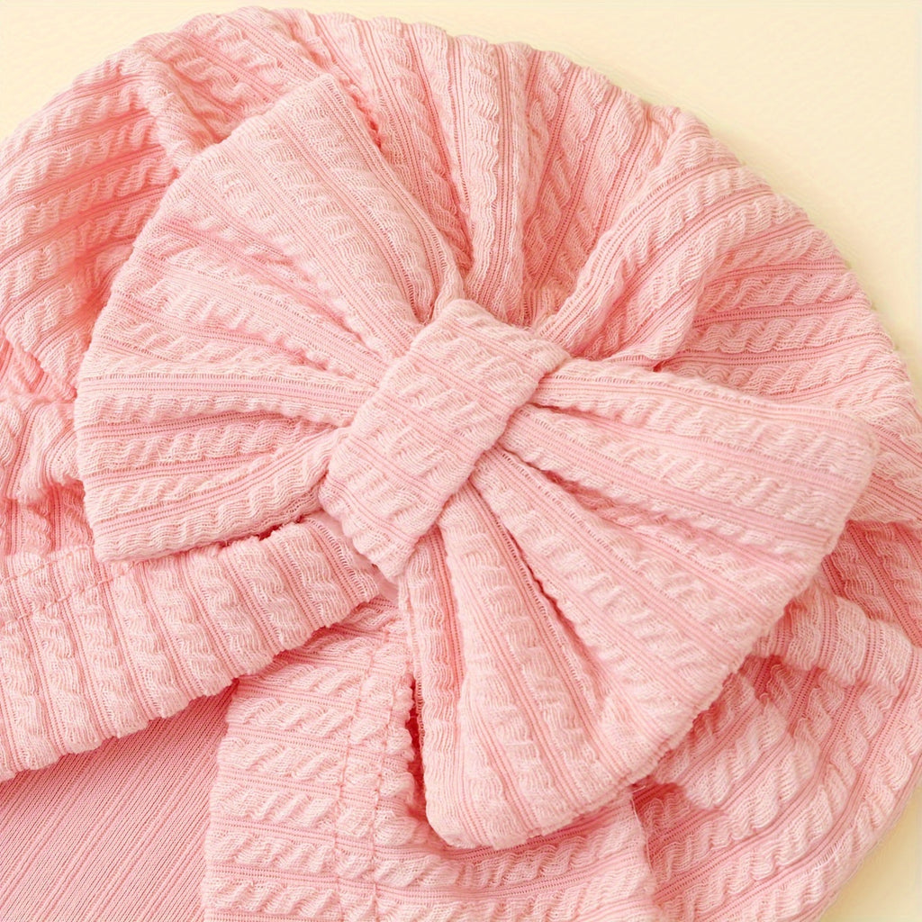 Baby Girl Bow Turban Hats Four Pack in Ribbed Neutral and Pink Colors for Coordinated Everyday Outfits