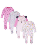 Baby Girls' Footed Rompers 4-Pack with Long Sleeves and Mixed Floral Animal Prints for Everyday Dressing