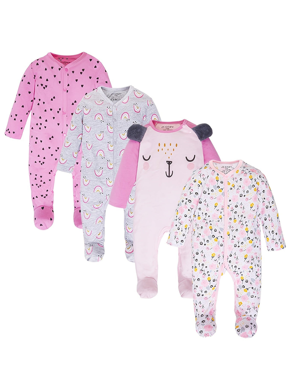 Baby Girls' Footed Rompers 4-Pack with Long Sleeves and Mixed Floral Animal Prints for Everyday Dressing