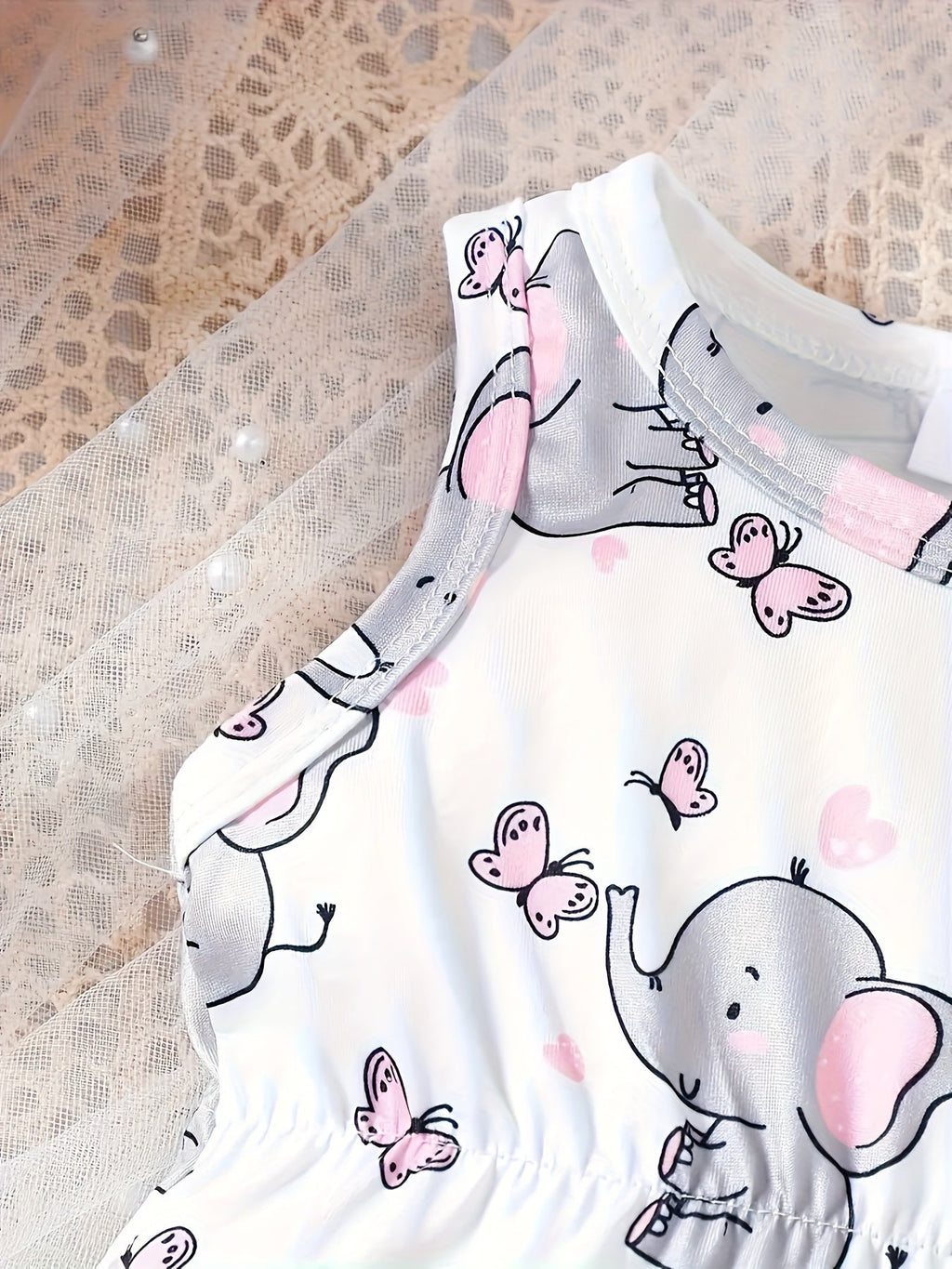 Baby Girls' Elephant Bodysuit in White with Pink Butterfly Print and a Matching Bow Headband for Summer