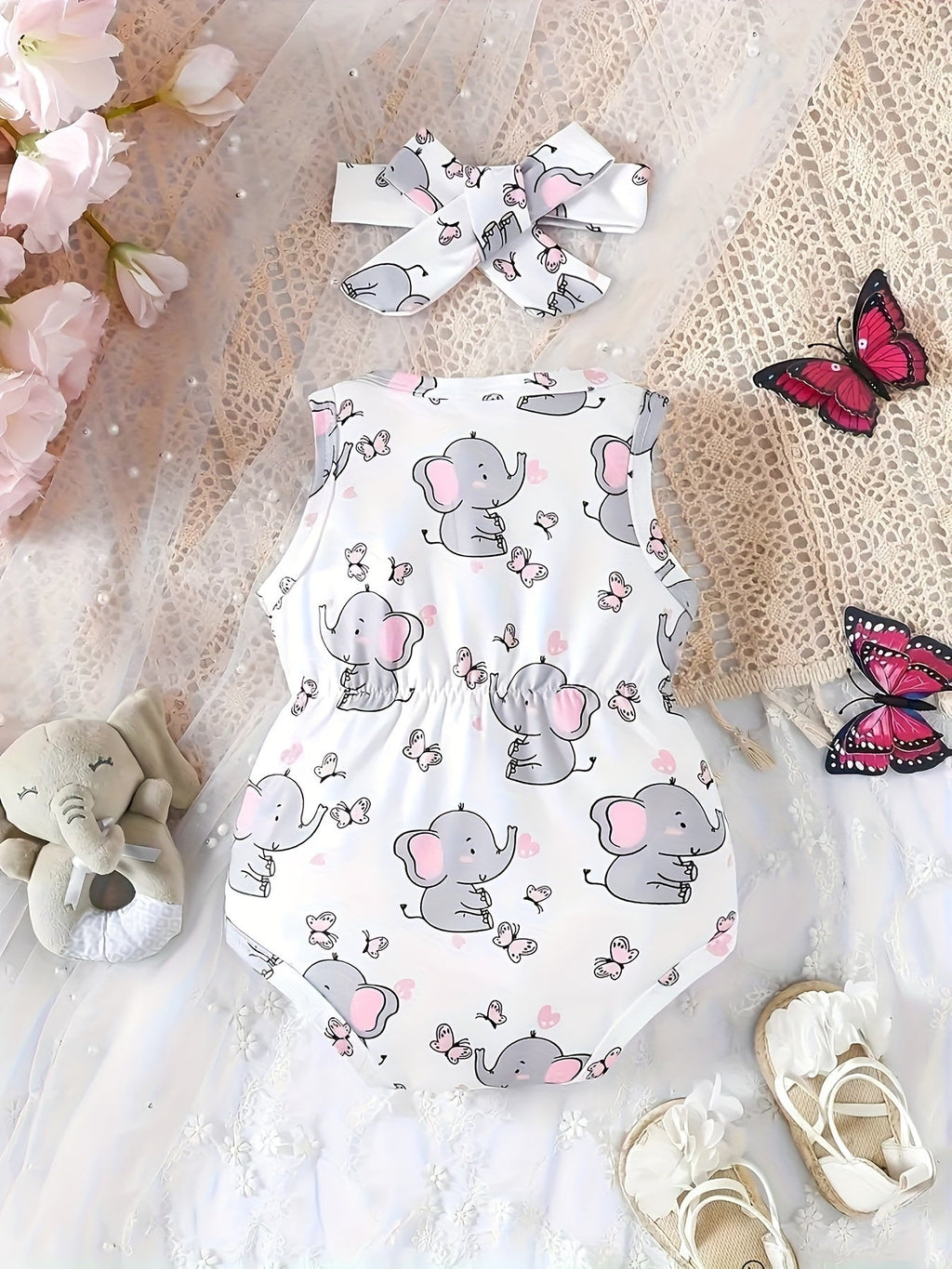 Baby Girls' Elephant Bodysuit in White with Pink Butterfly Print and a Matching Bow Headband for Summer