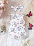 Baby Girls' Elephant Bodysuit in White with Pink Butterfly Print and a Matching Bow Headband for Summer