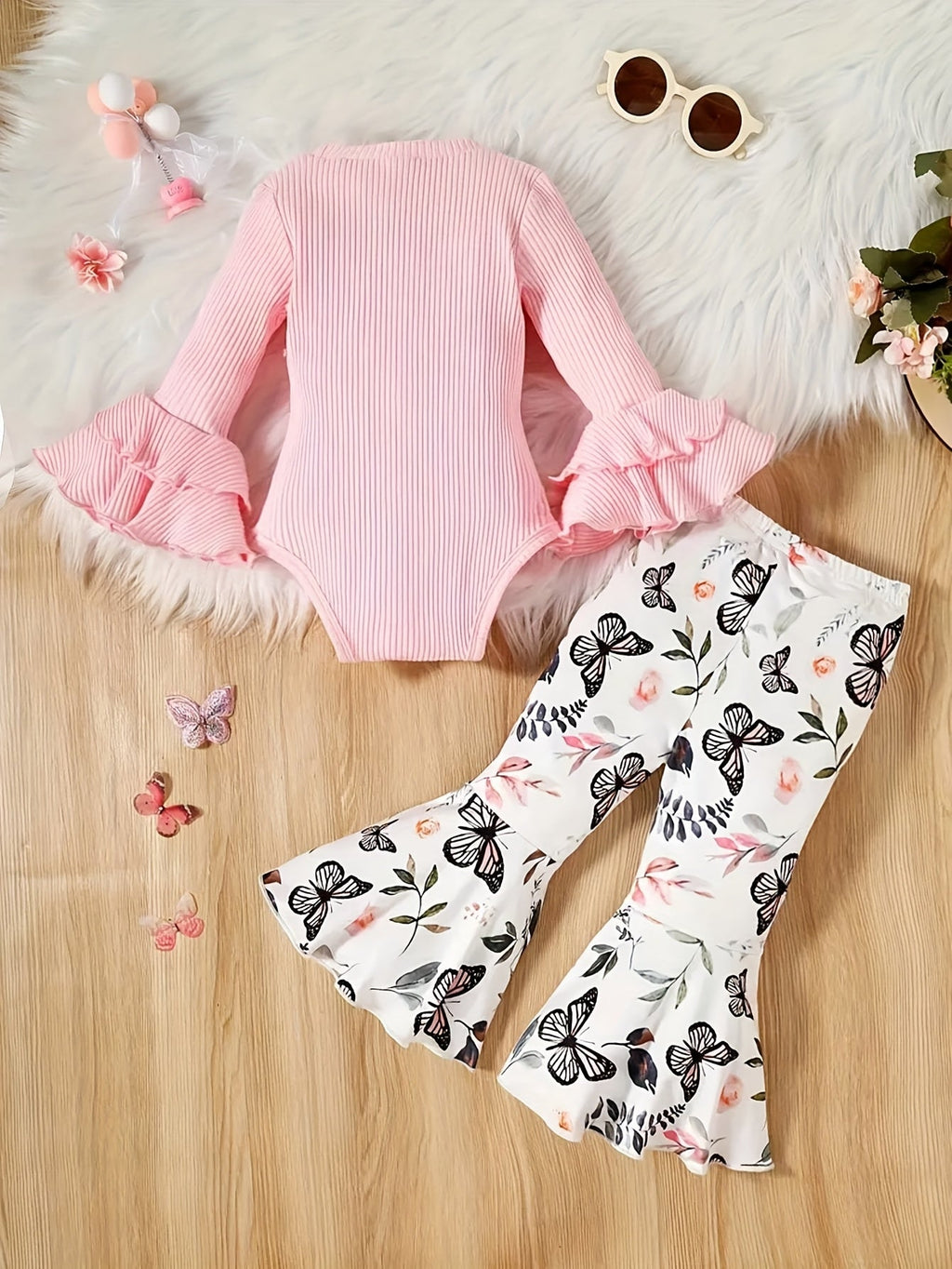 Baby Girl Outfit Set with a Pink Bow Front Bodysuit and Butterfly Flared Pants for Coordinated Daytime Wear