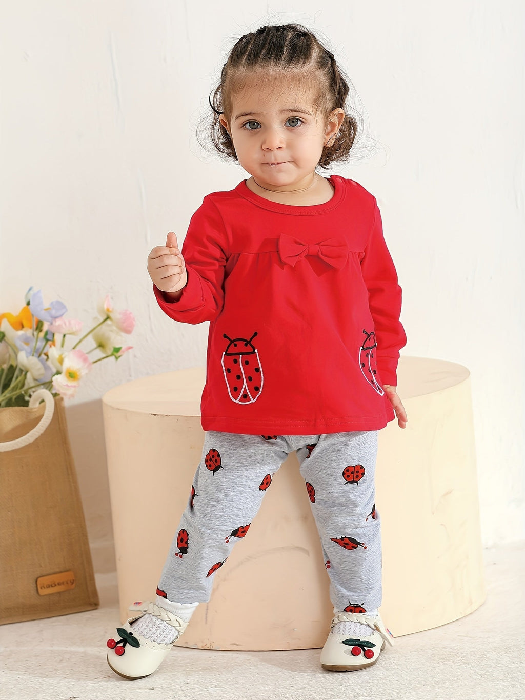 Baby Girls' Two Piece Cartoon Top and Pants Set with Long Sleeves and Coordinated Prints for Daily Wear