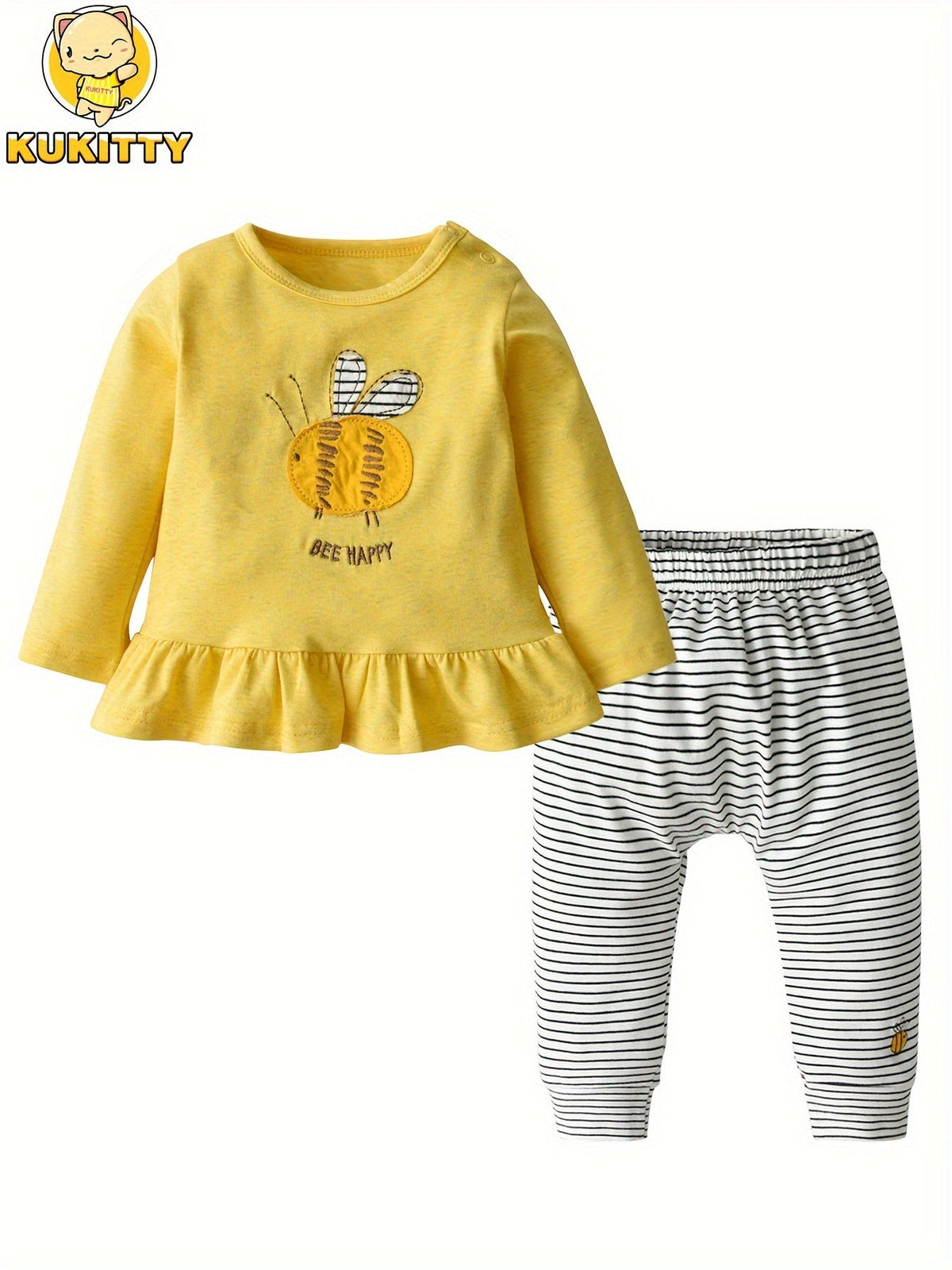 Baby Girls' Two Piece Cartoon Top and Pants Set with Long Sleeves and Coordinated Prints for Daily Wear