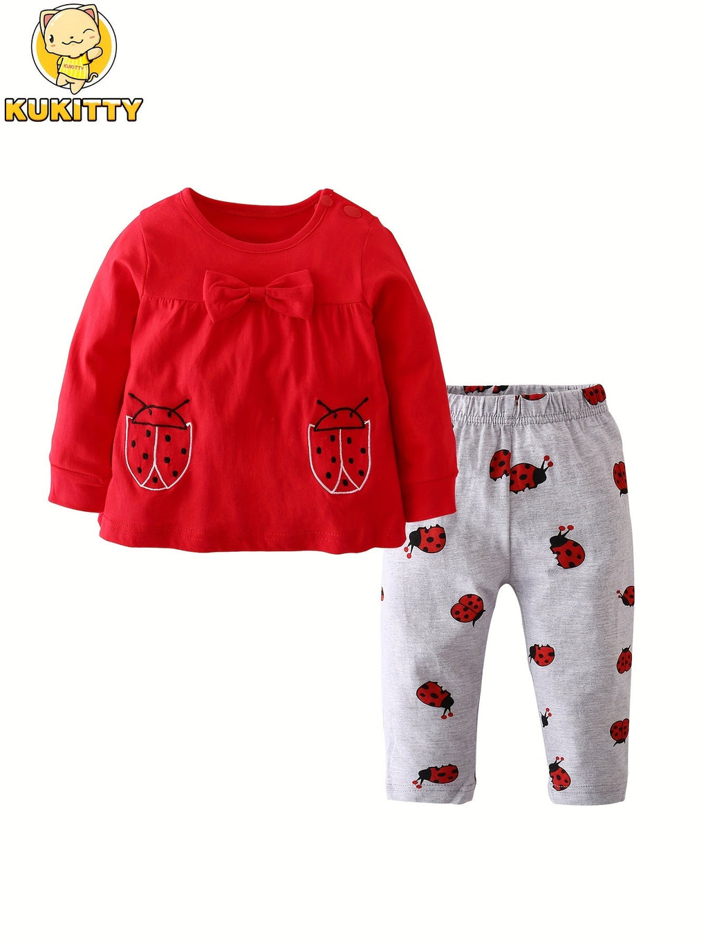 Baby Girls' Two Piece Cartoon Top and Pants Set with Long Sleeves and Coordinated Prints for Daily Wear