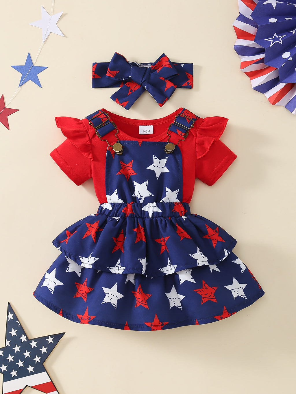 Baby Girl Outfit Set with a Red Ruffle Bodysuit and Star Print Pinafore for Fourth of July Celebrations
