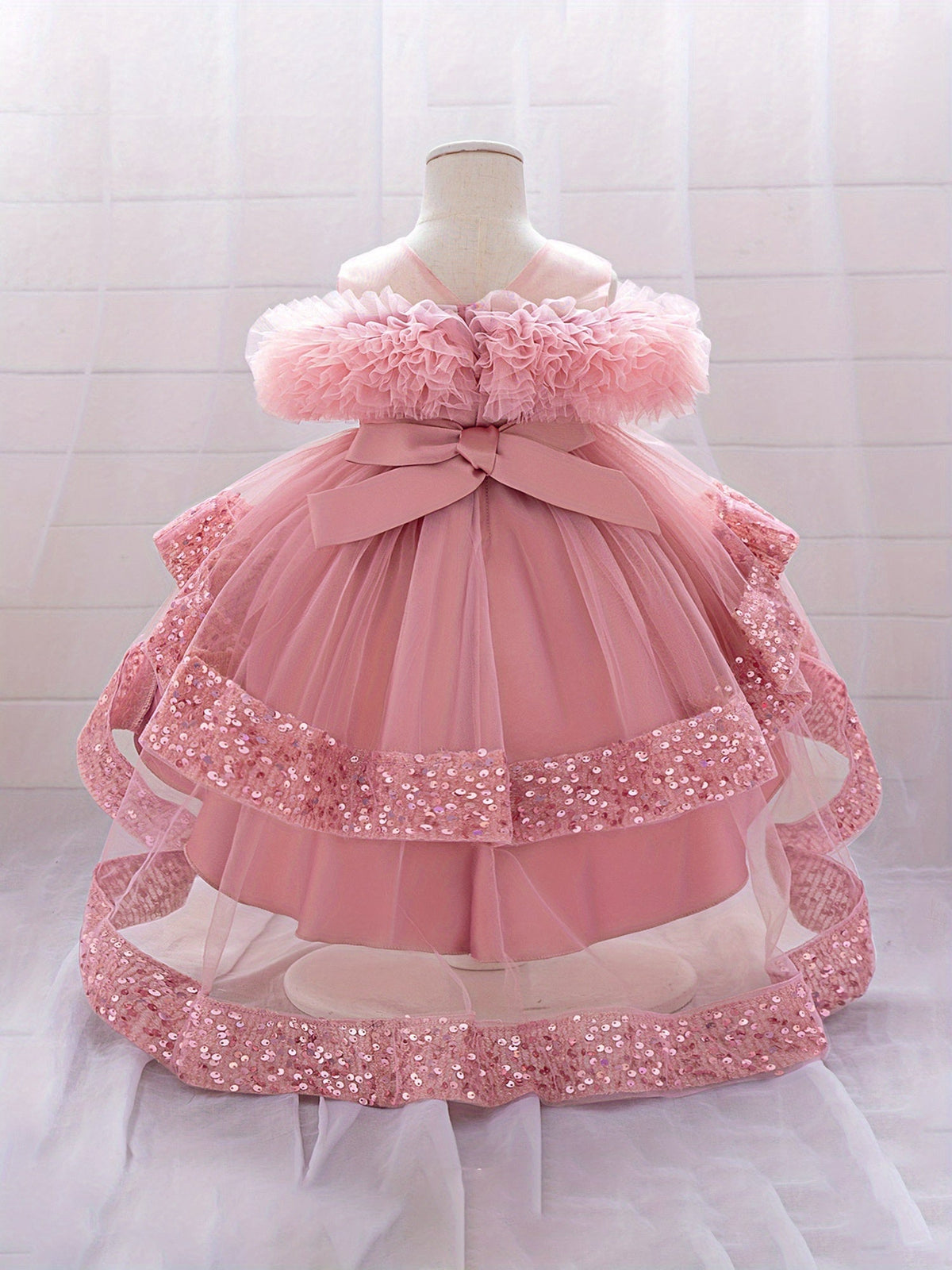 Baby Girls' Pink Tulle Party Dress with Sequin-Trimmed Tiers and a Back Bow for Birthday Celebrations