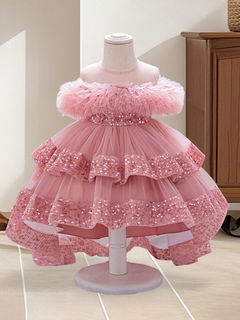 Baby Girls' Pink Tulle Party Dress with Sequin-Trimmed Tiers and a Back Bow for Birthday Celebrations