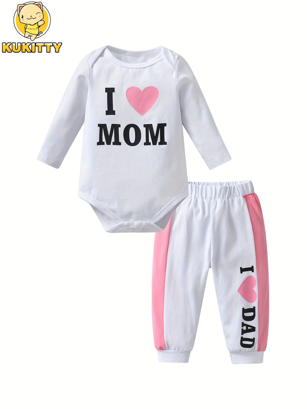 Baby Girl Bodysuit and Pants Set, I Love Mom and Dad Prints with Pink Side Stripes for Everyday Dressing