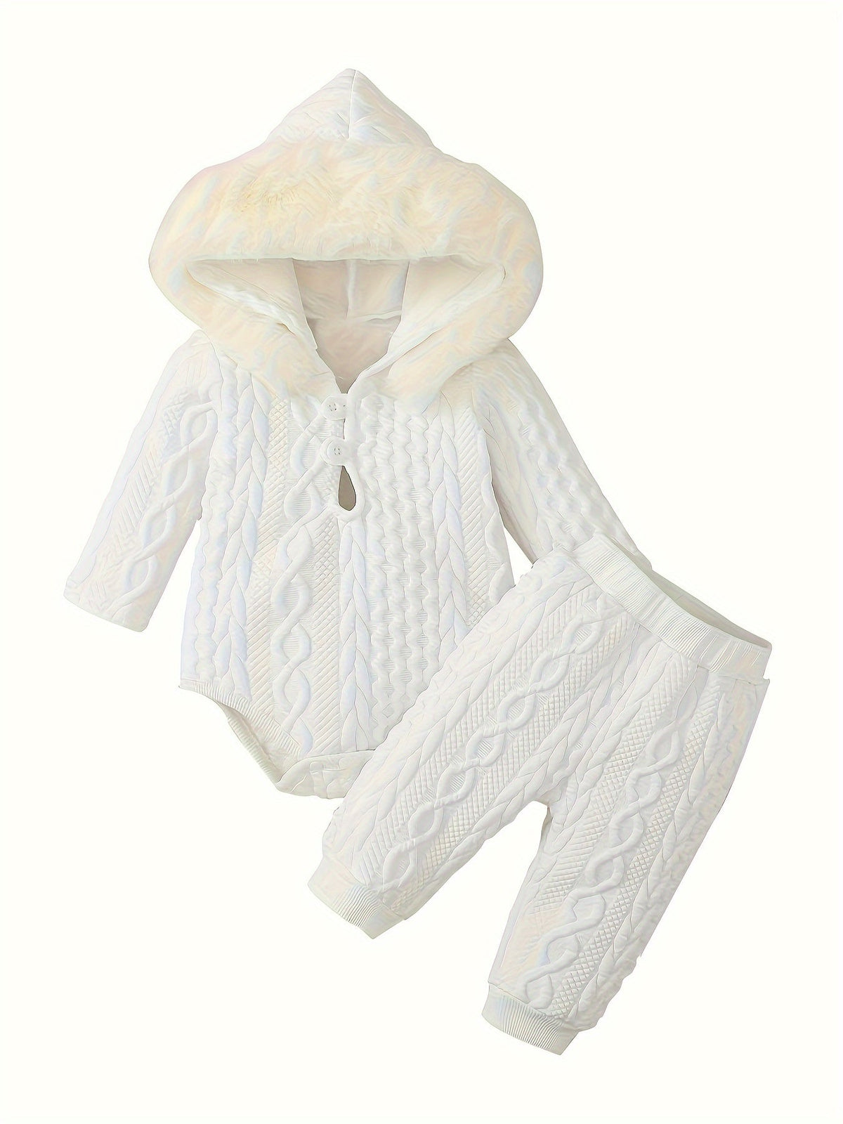 Baby Girl Hooded Bodysuit and Pants Set with Cable Texture and Plush-Look Hood Trim in Pink or White