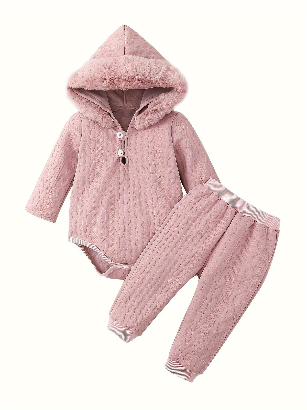Baby Girl Hooded Bodysuit and Pants Set with Cable Texture and Plush-Look Hood Trim in Pink or White