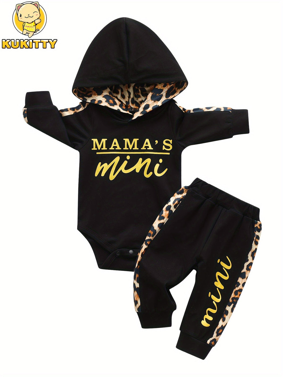 Baby Girls' Hooded Bodysuit Set with Mama's Mini Lettering and Leopard Trim Pants in Pink or Black