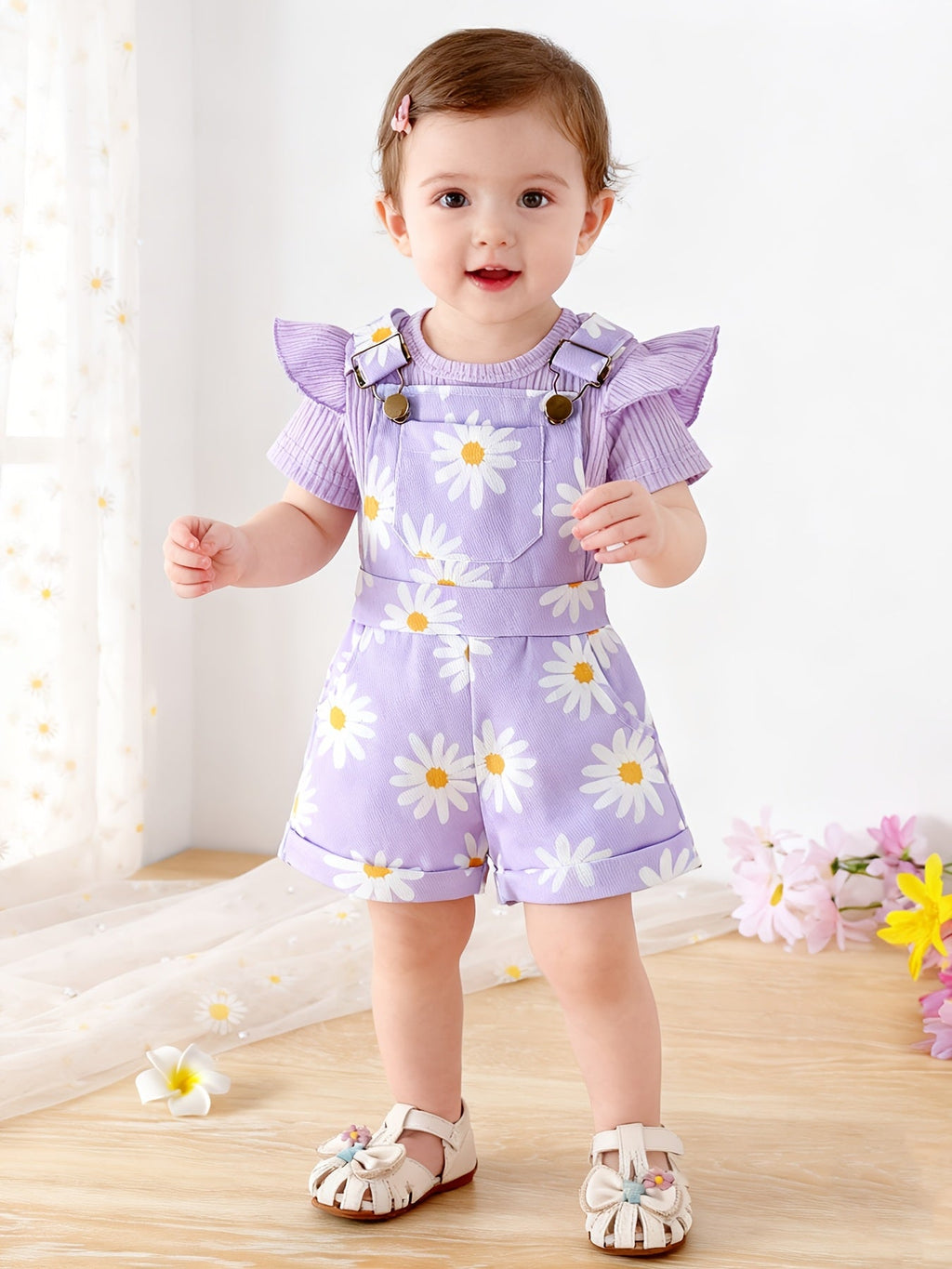 Baby Girls' Random Print Overall Outfit with a Ribbed Flutter Sleeve Bodysuit and Buckled Short Overalls
