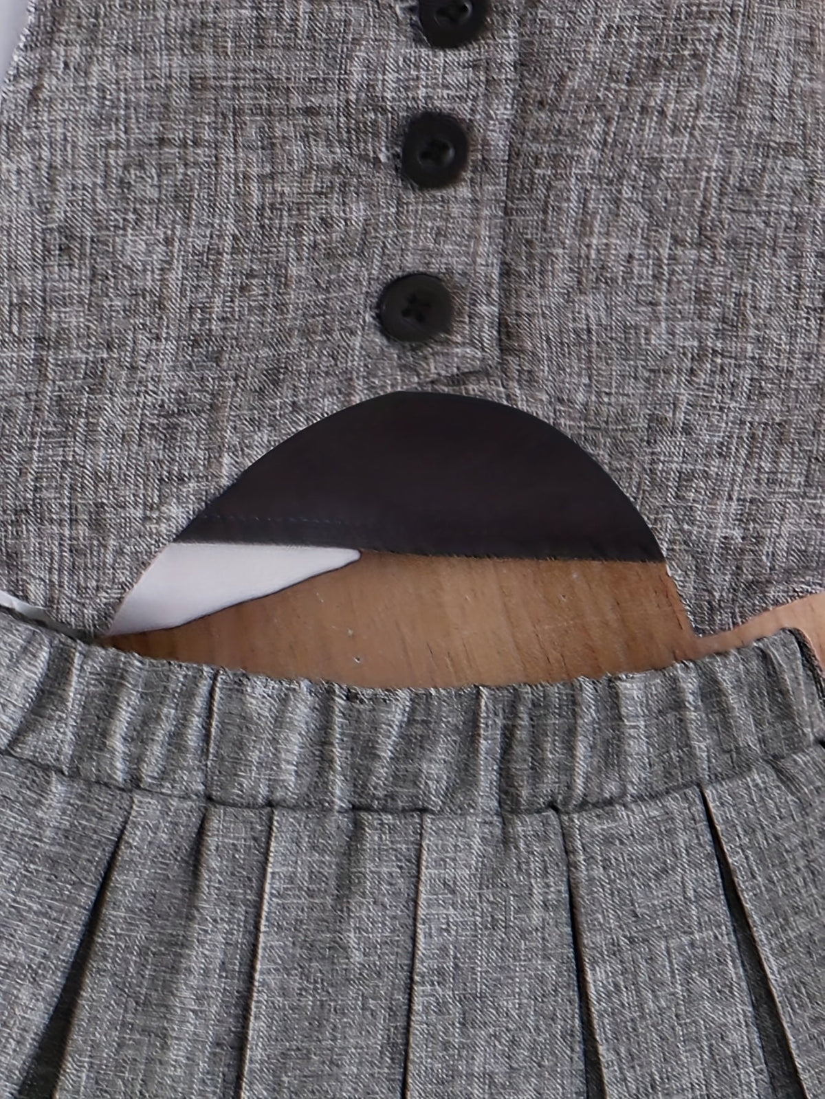 Baby Girls' Blouse Vest Skirt Set with White Puff Sleeves and a Gray Pleated Skirt in a Three Piece Outfit