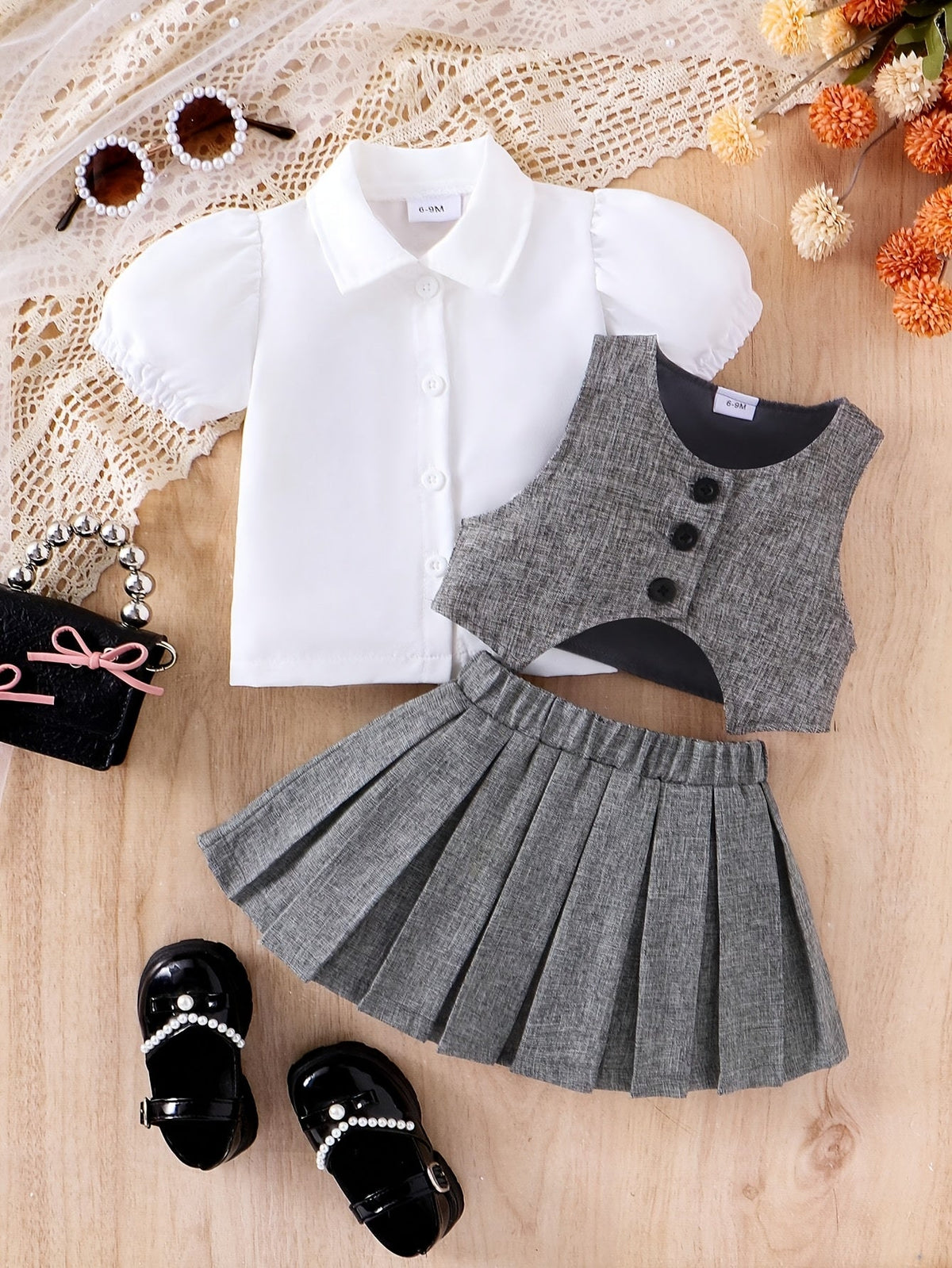Baby Girls' Blouse Vest Skirt Set with White Puff Sleeves and a Gray Pleated Skirt in a Three Piece Outfit