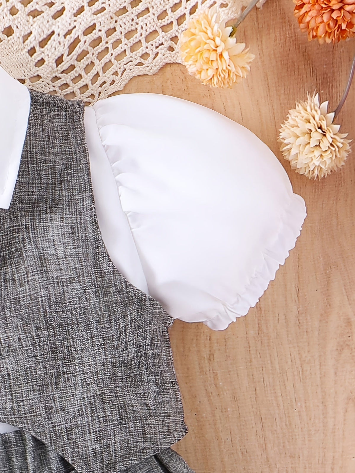 Baby Girls' Blouse Vest Skirt Set with White Puff Sleeves and a Gray Pleated Skirt in a Three Piece Outfit