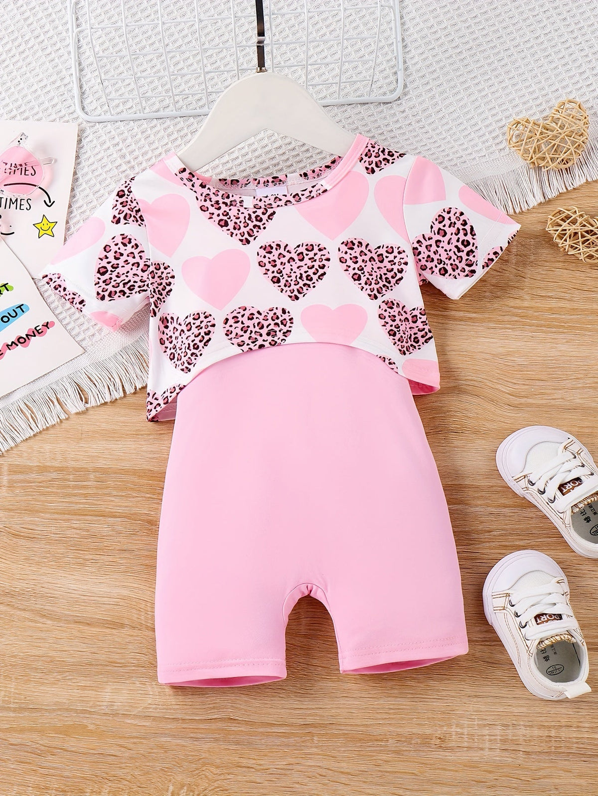 Baby Girl Heart Print Top and Pink Romper Set with Short Sleeves and Slim Straps for Summer Outfits