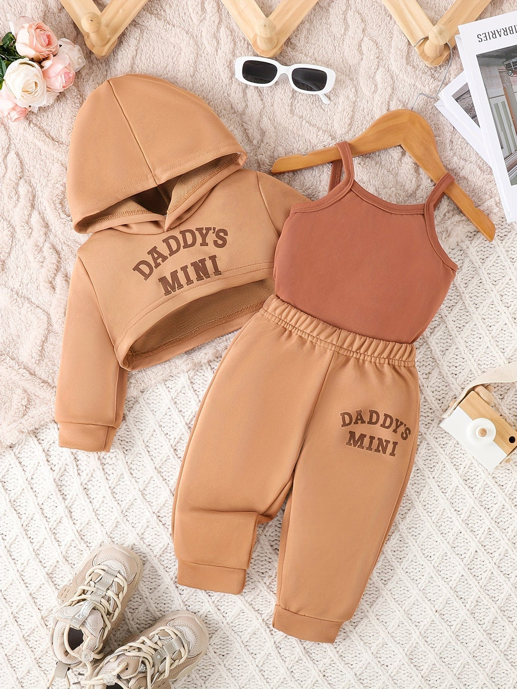 Baby Girl Daddy's Mini Outfit Set with a Cropped Hoodie Cami Top and Cuffed Pants in Sepia Tones