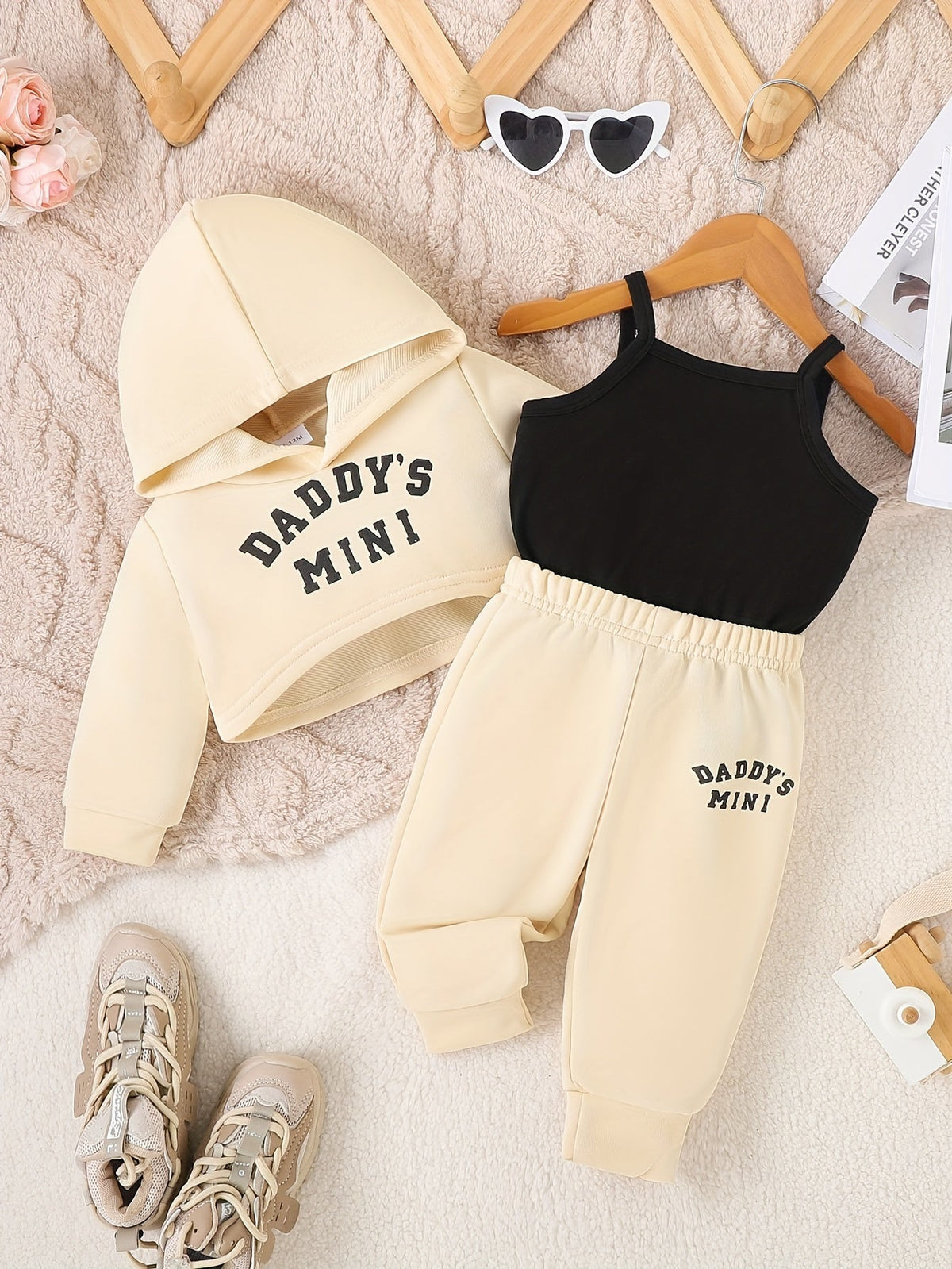 Baby Girl Daddy's Mini Outfit Set with a Cropped Hoodie Cami Top and Cuffed Pants in Sepia Tones