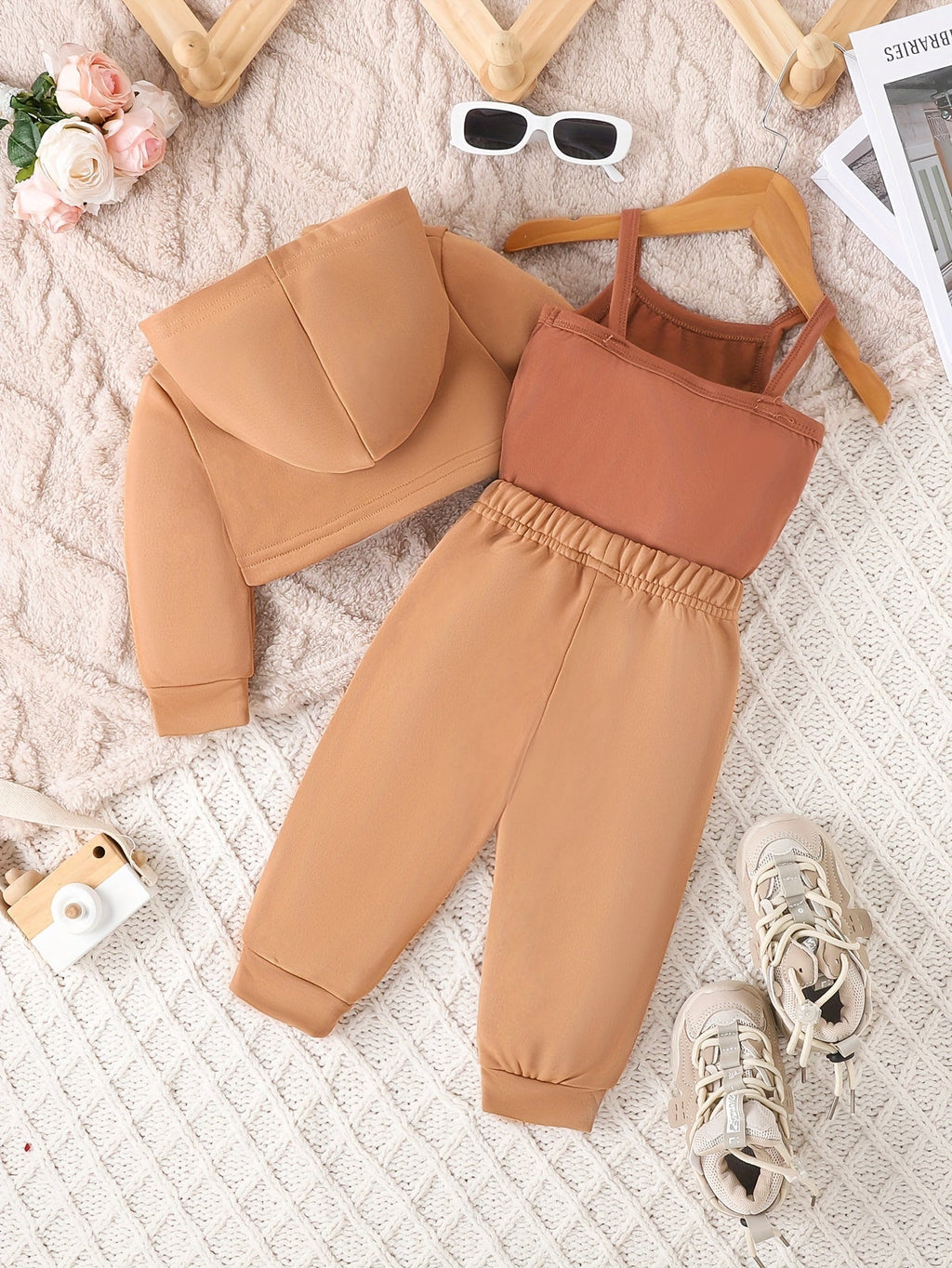 Baby Girl Daddy's Mini Outfit Set with a Cropped Hoodie Cami Top and Cuffed Pants in Sepia Tones