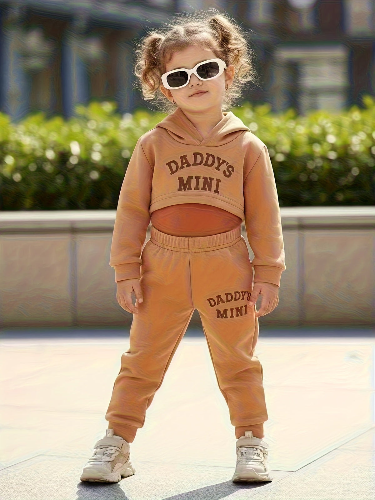 Baby Girl Daddy's Mini Outfit Set with a Cropped Hoodie Cami Top and Cuffed Pants in Sepia Tones