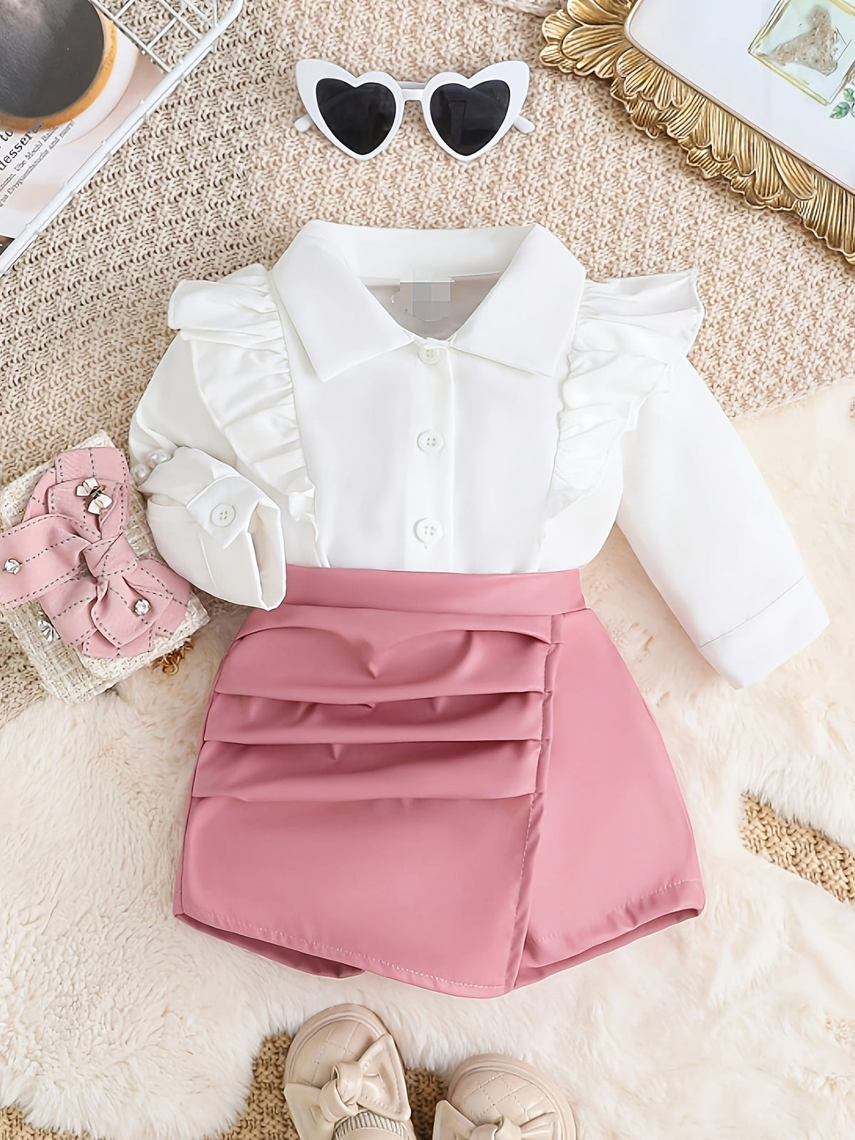Baby Girls' Blouse and Skort Set with Ruffle Shoulders and a Wrap Front for Dressy Summer Outfits
