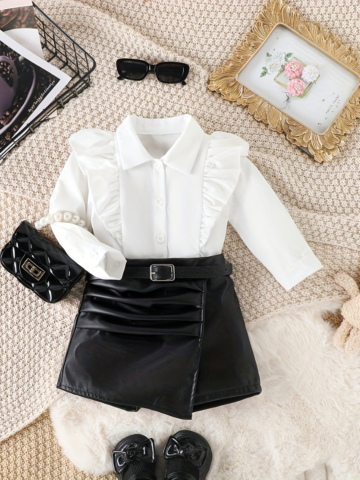 Baby Girls' Blouse and Skort Set with Ruffle Shoulders and a Wrap Front for Dressy Summer Outfits