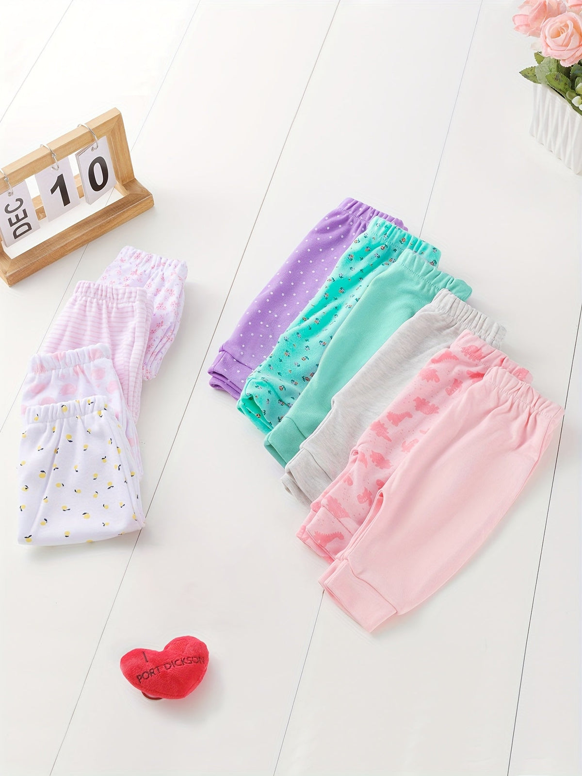 Baby Girl Pants Ten Pack in Pastel Colors with Animal Prints and Cuffed Ankles for Everyday Outfit Changes