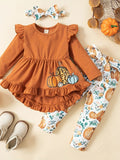 Toddler Girls' Pumpkin Top and Pants Set with Ruffle Details and a Matching Bow Headband for Fall Outfits