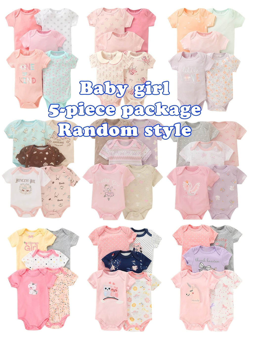 Baby Girl Bodysuits Five Pack in Random Pastel and Printed Designs with Short Sleeves for Everyday Changes