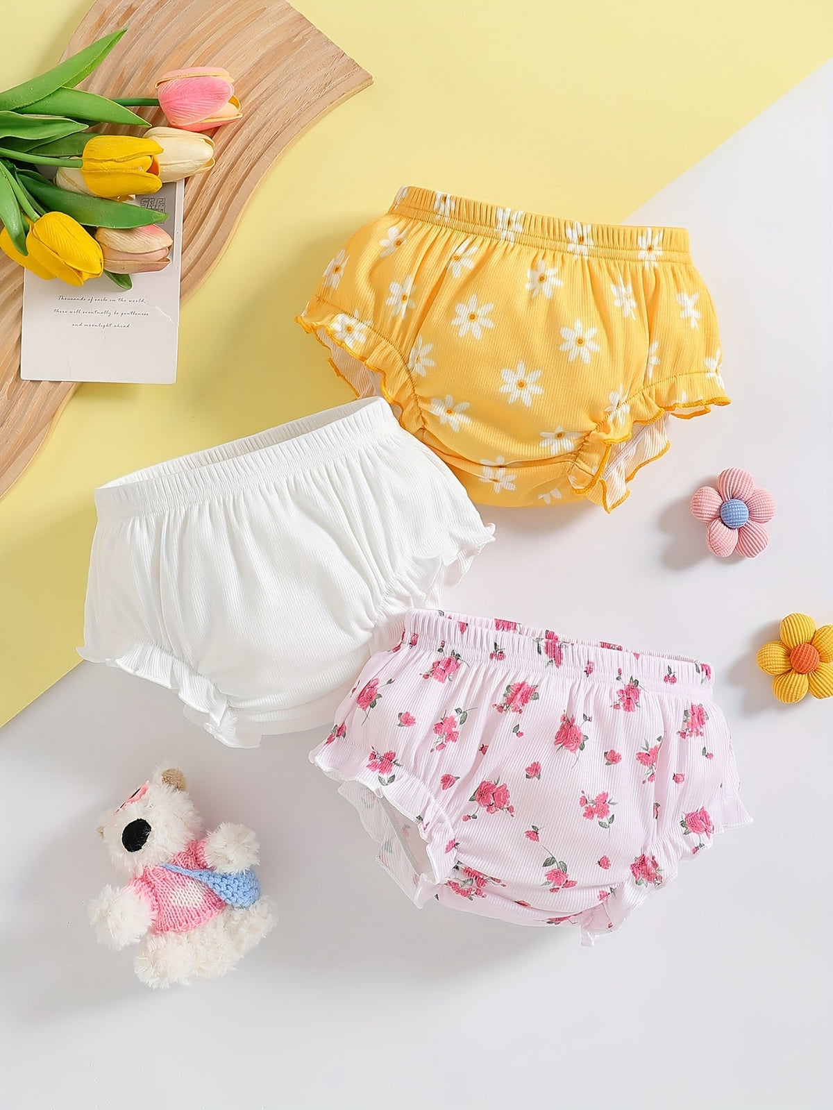 Baby Girls' Ruffled Bloomers 3-Pack with Floral or Heart Prints and Elastic Waists for Summer Outfits