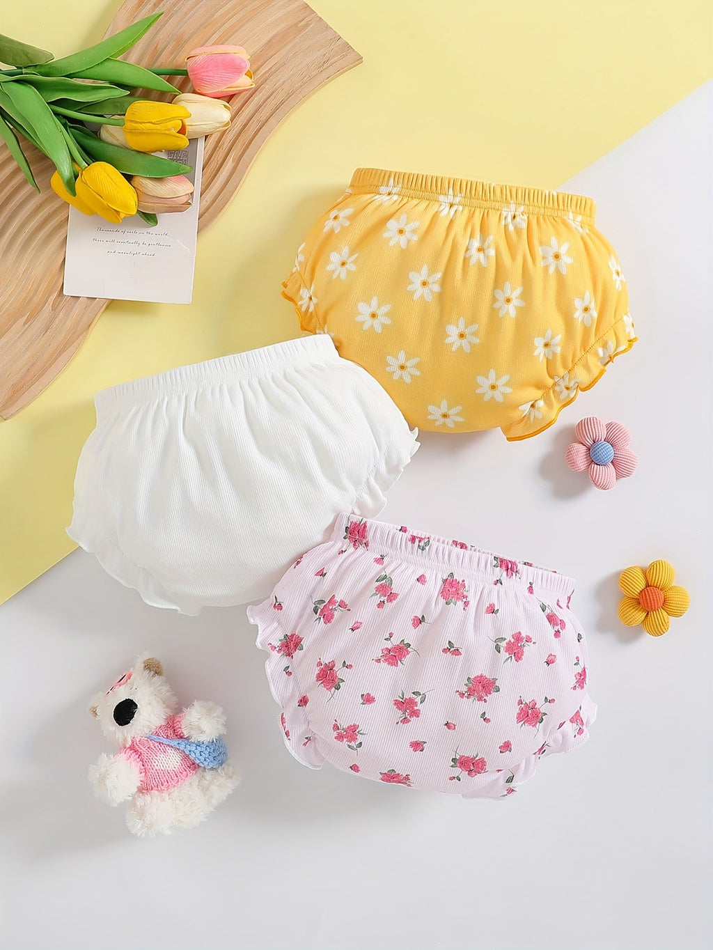 Baby Girls' Ruffled Bloomers 3-Pack with Floral or Heart Prints and Elastic Waists for Summer Outfits
