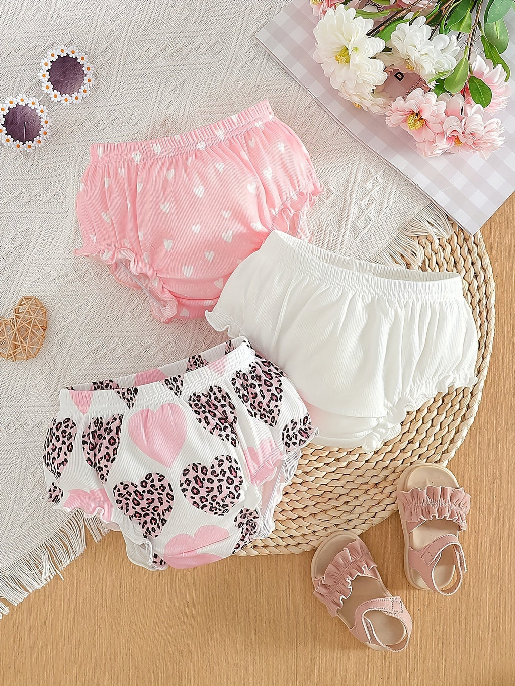 Baby Girls' Ruffled Bloomers 3-Pack with Floral or Heart Prints and Elastic Waists for Summer Outfits