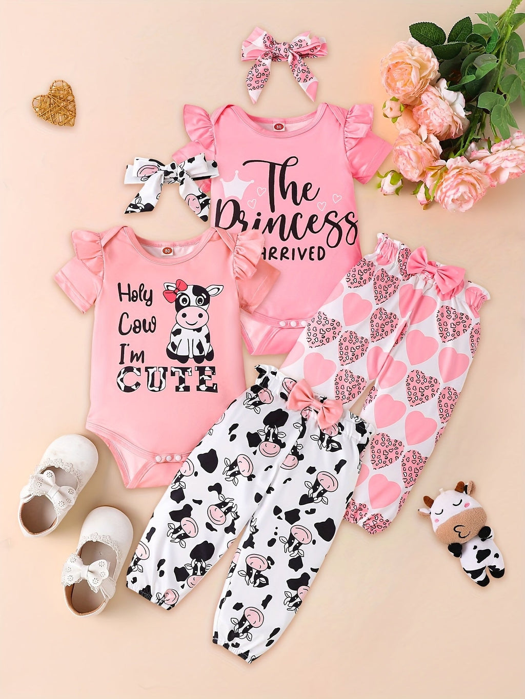 Baby Girls' Two Pink Outfit Sets with Printed Bodysuits and Pants in Cow and Princess-Themed Designs