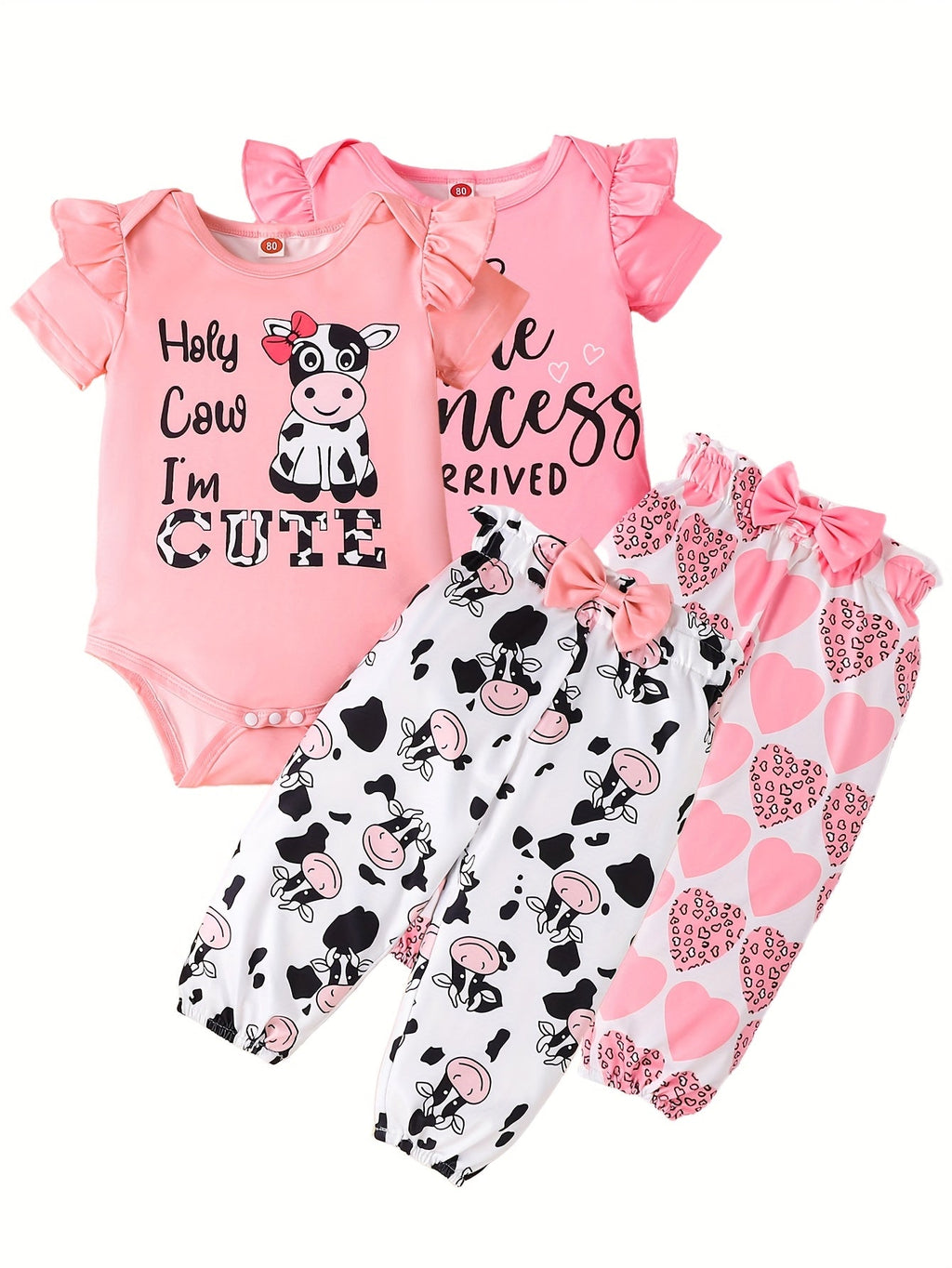 Baby Girls' Two Pink Outfit Sets with Printed Bodysuits and Pants in Cow and Princess-Themed Designs