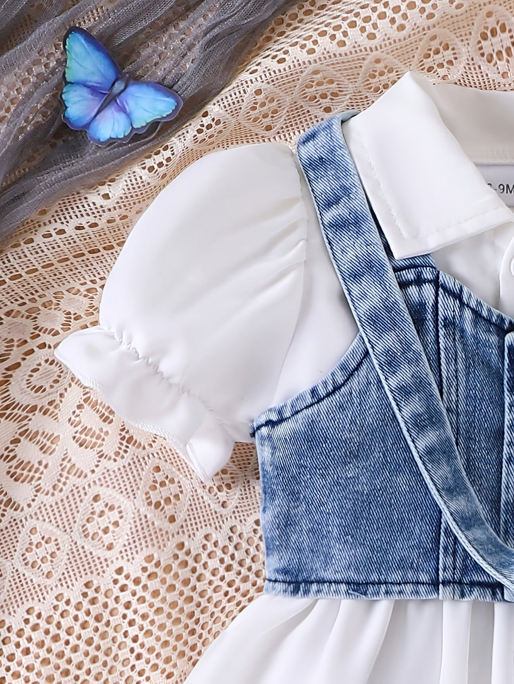 Baby Girls' Three Piece White Dress Outfit with a Denim Vest and Matching Bow Detail Crossbody Bag