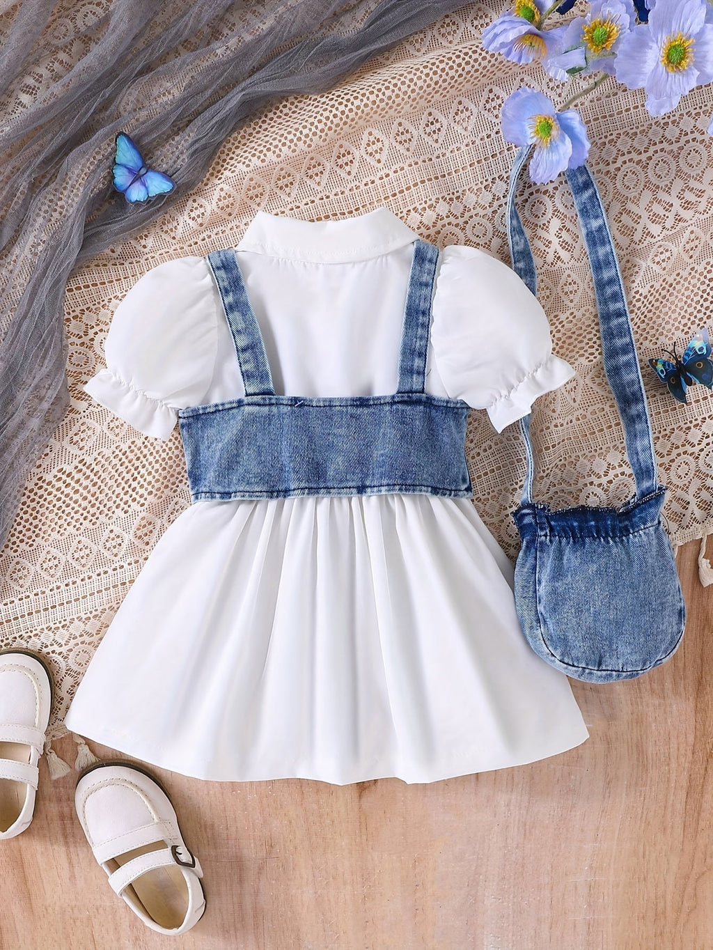 Baby Girls' Three Piece White Dress Outfit with a Denim Vest and Matching Bow Detail Crossbody Bag