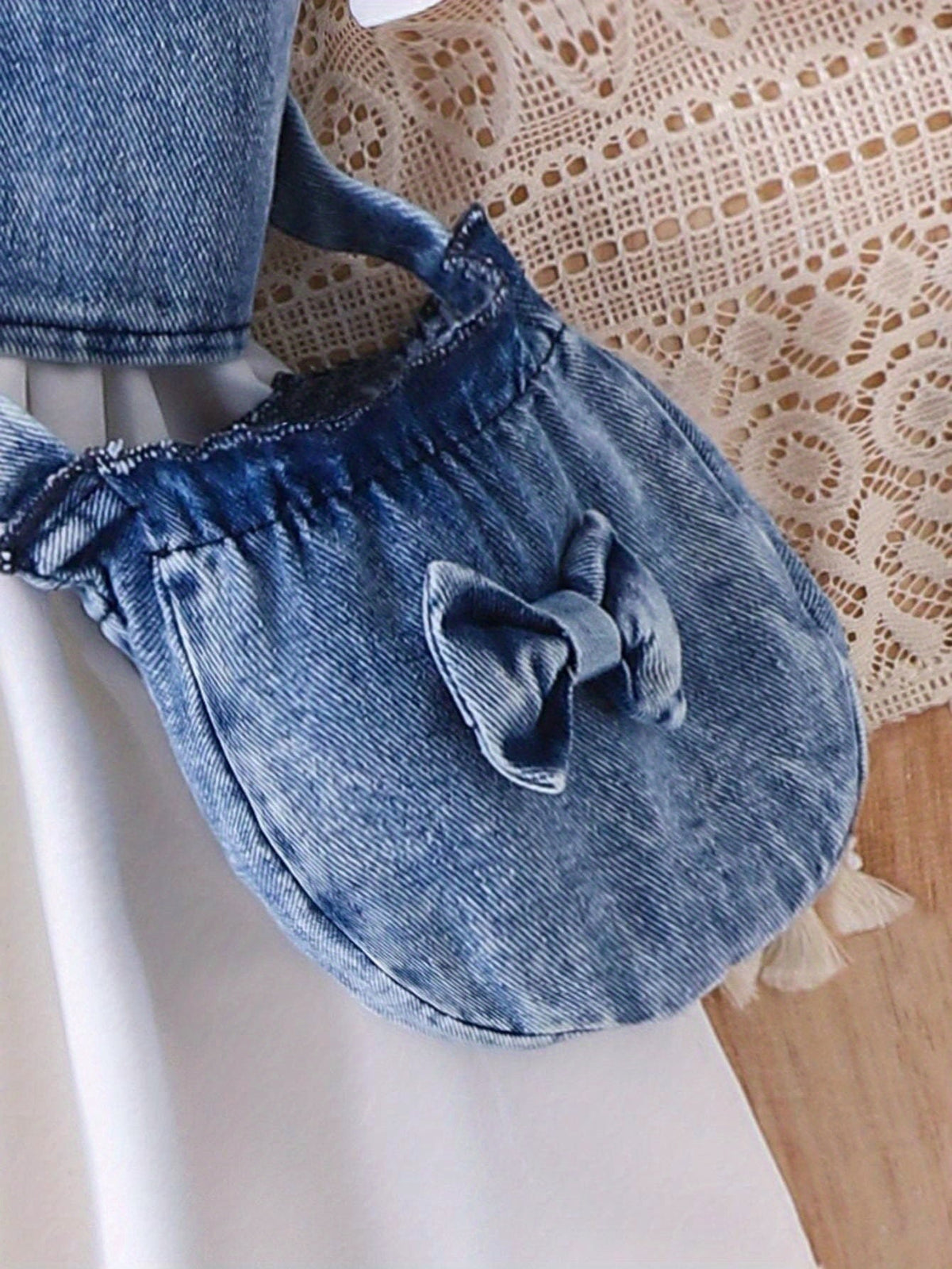 Baby Girls' Three Piece White Dress Outfit with a Denim Vest and Matching Bow Detail Crossbody Bag