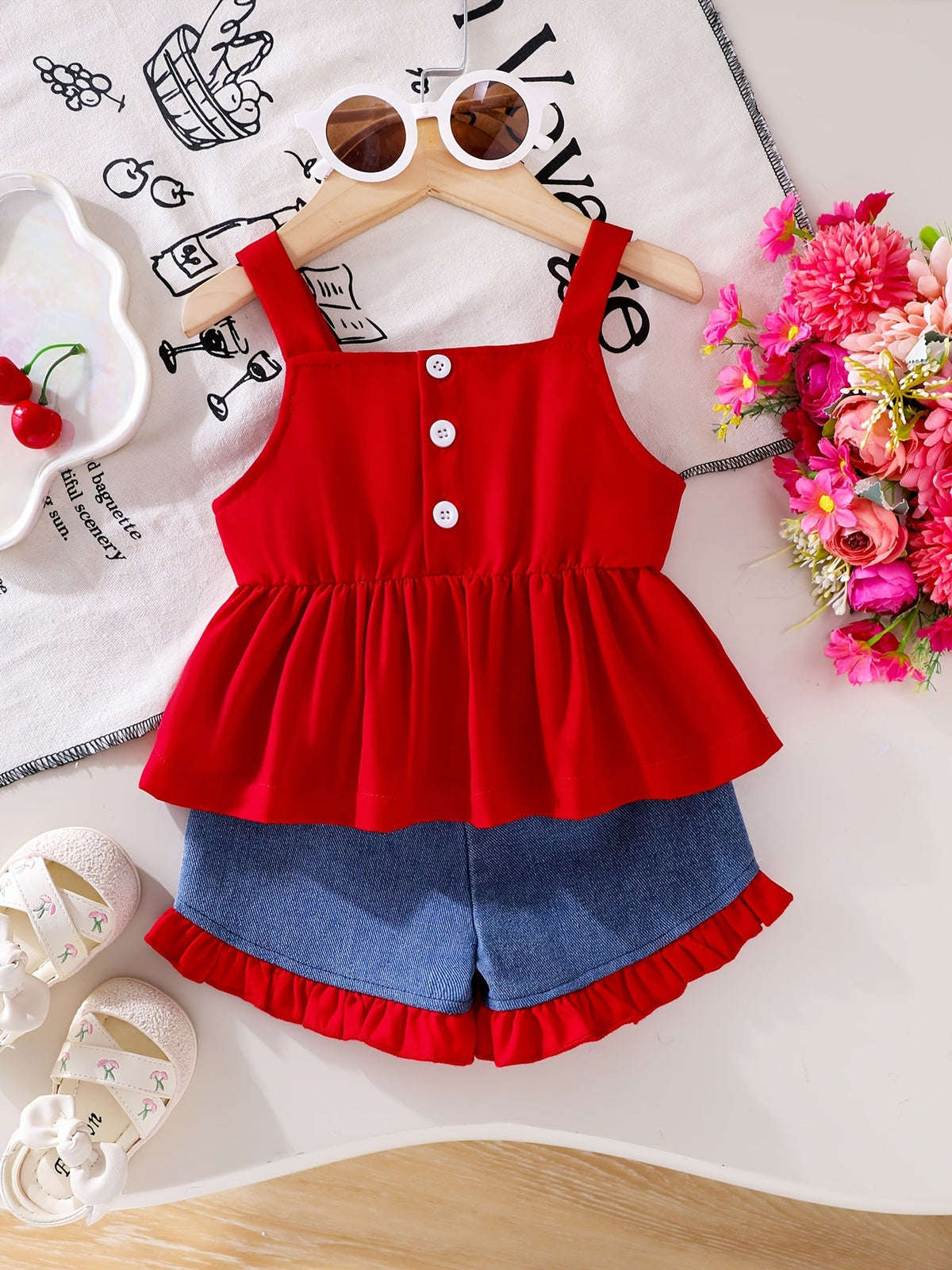Baby Girls' Red Bow Cami Top and Denim Shorts Set with Ruffle Trim for Summer Outfits and Outdoor Play