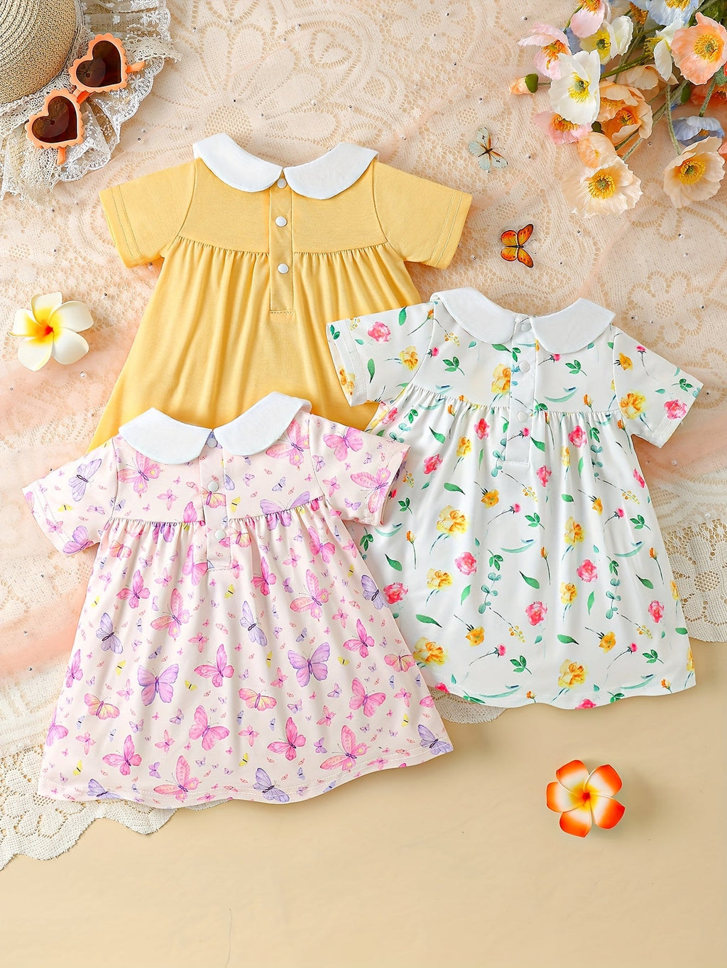 Baby Girl Collared Dresses Three Pack with Floral Butterfly and Solid Designs for Everyday Outfits
