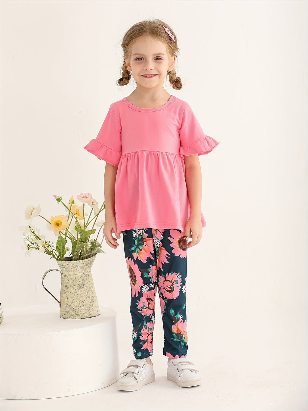 Girls Pants Set in Sky Blue Pink or Violet with a Ruffle Sleeve Top and Sunflower Print Trousers