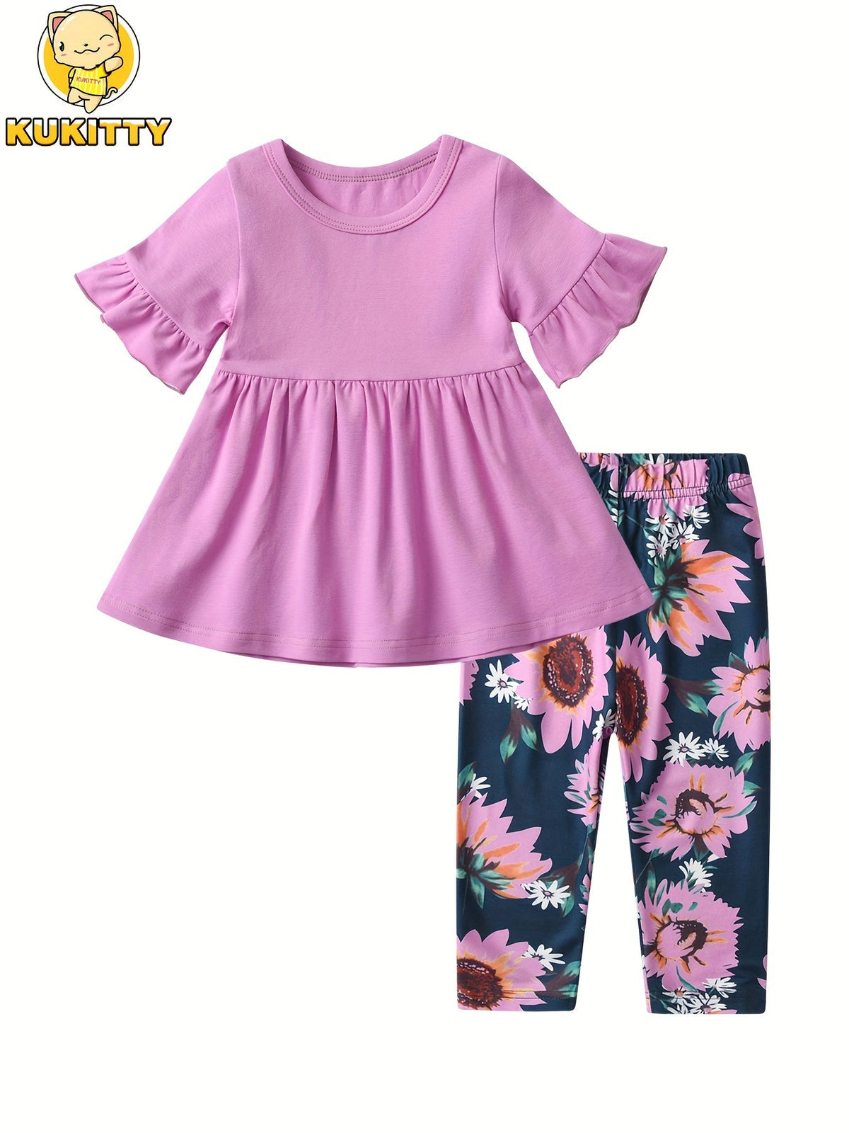 Girls Pants Set in Sky Blue Pink or Violet with a Ruffle Sleeve Top and Sunflower Print Trousers