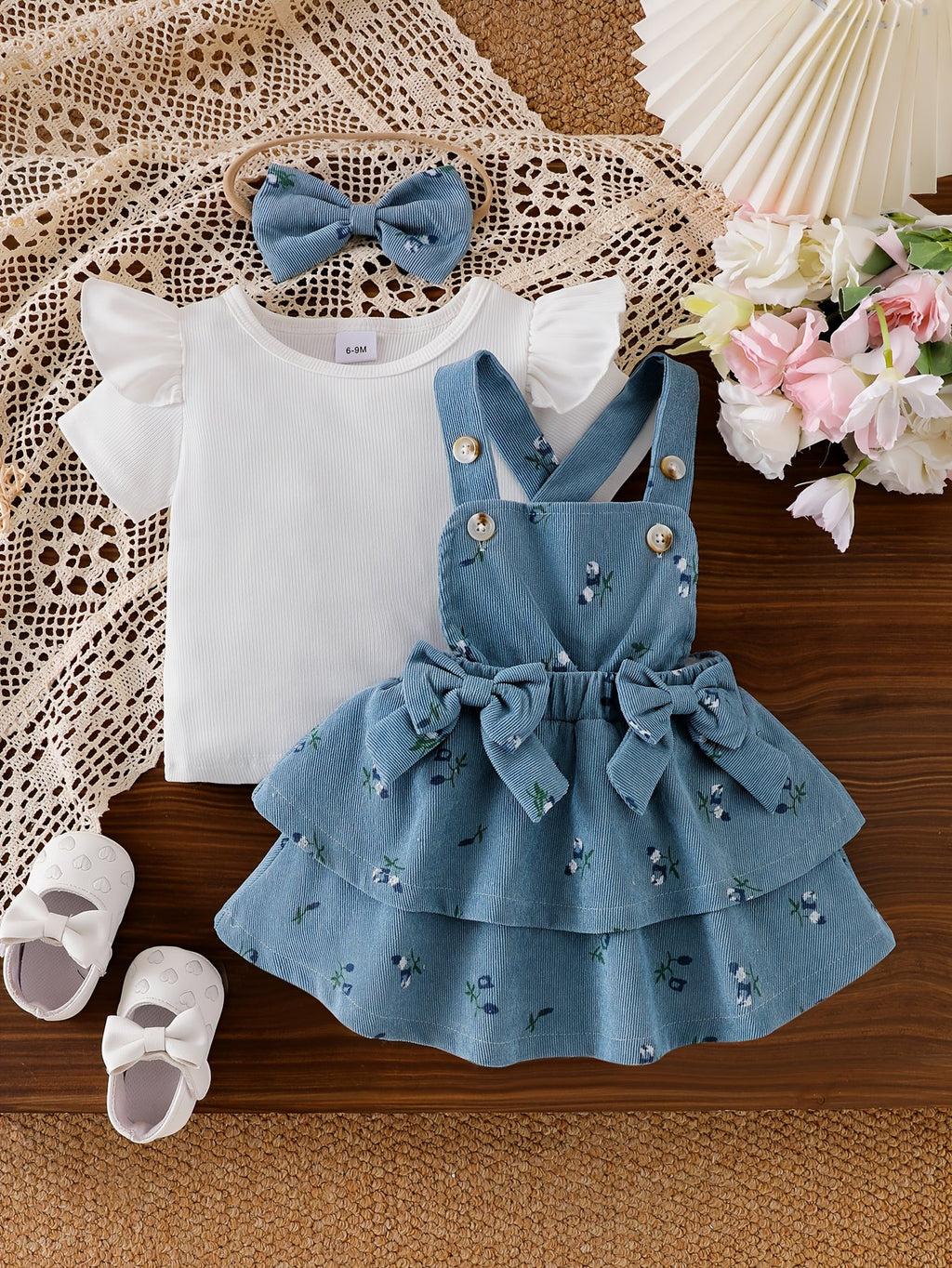 Baby Girls' Floral Pinafore Outfit with a Flutter Sleeve Top and Matching Bow Headband in Steel Blue