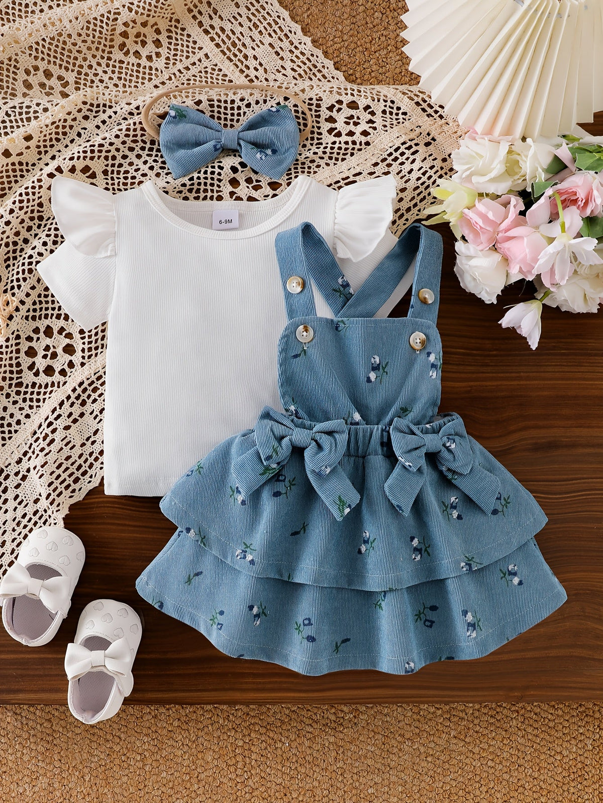 Baby Girls' Floral Pinafore Outfit with a Flutter Sleeve Top and Matching Bow Headband in Steel Blue