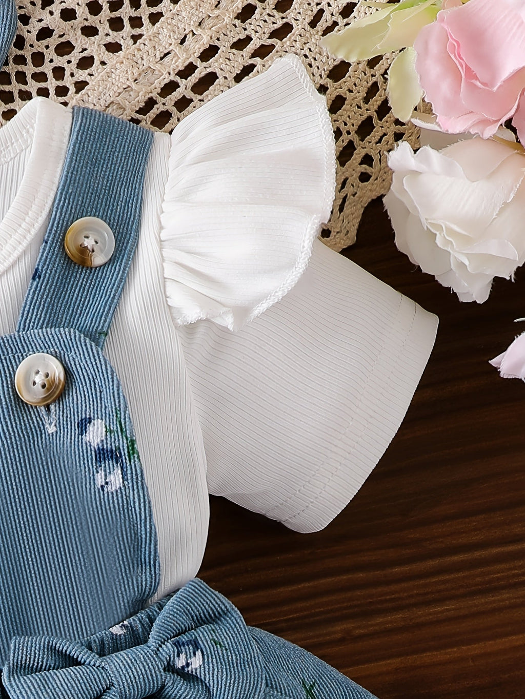 Baby Girls' Floral Pinafore Outfit with a Flutter Sleeve Top and Matching Bow Headband in Steel Blue