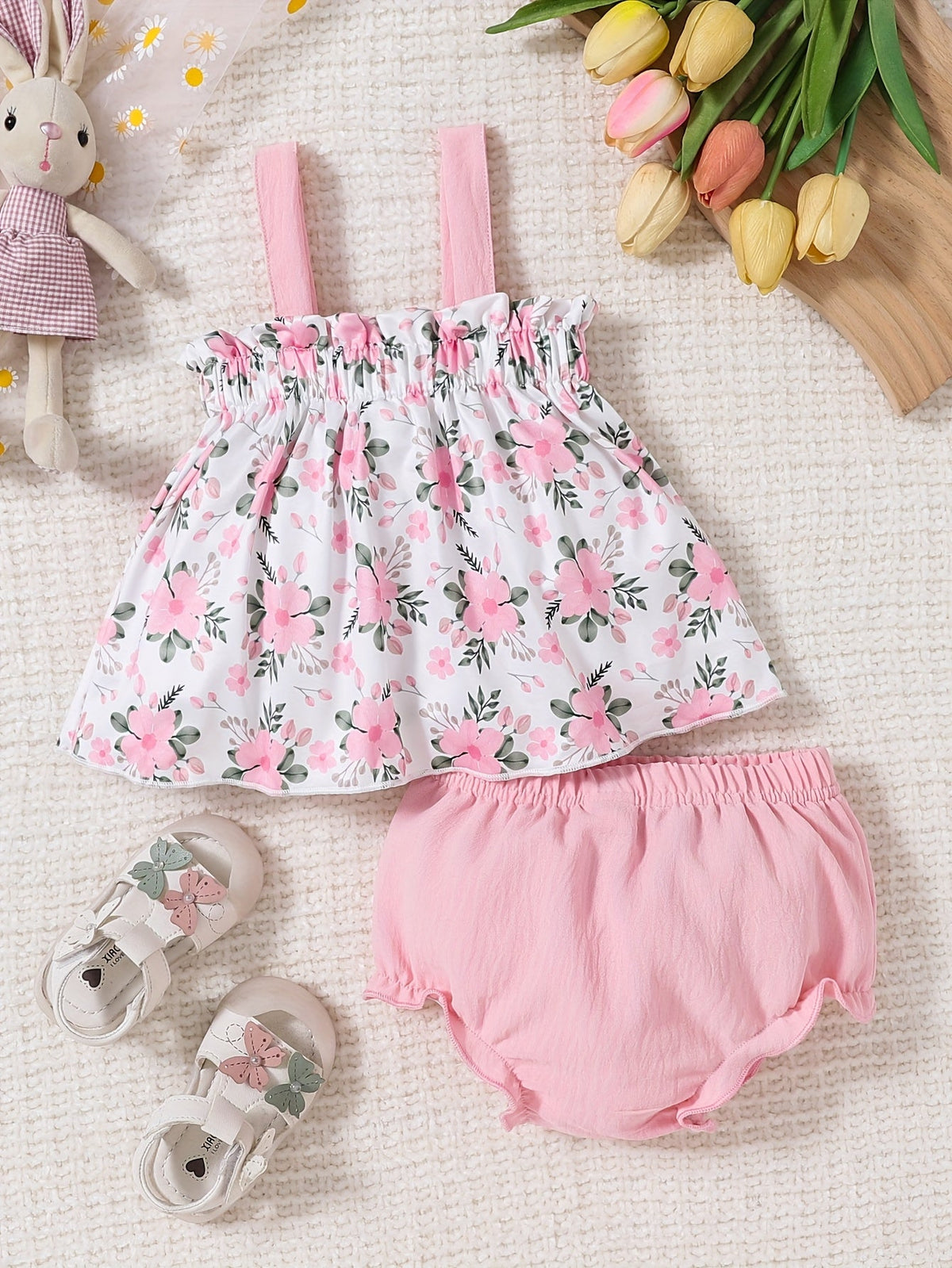 Baby Girls' Pink Floral Top and Bloomer Set with a Bow Front and Ruffled Edges for Warm Weather Outfits