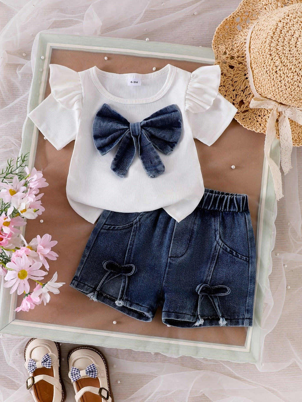 Baby Girl Bow Top and Denim Shorts Set with Flutter Sleeves and Matching Bow Details for Summer